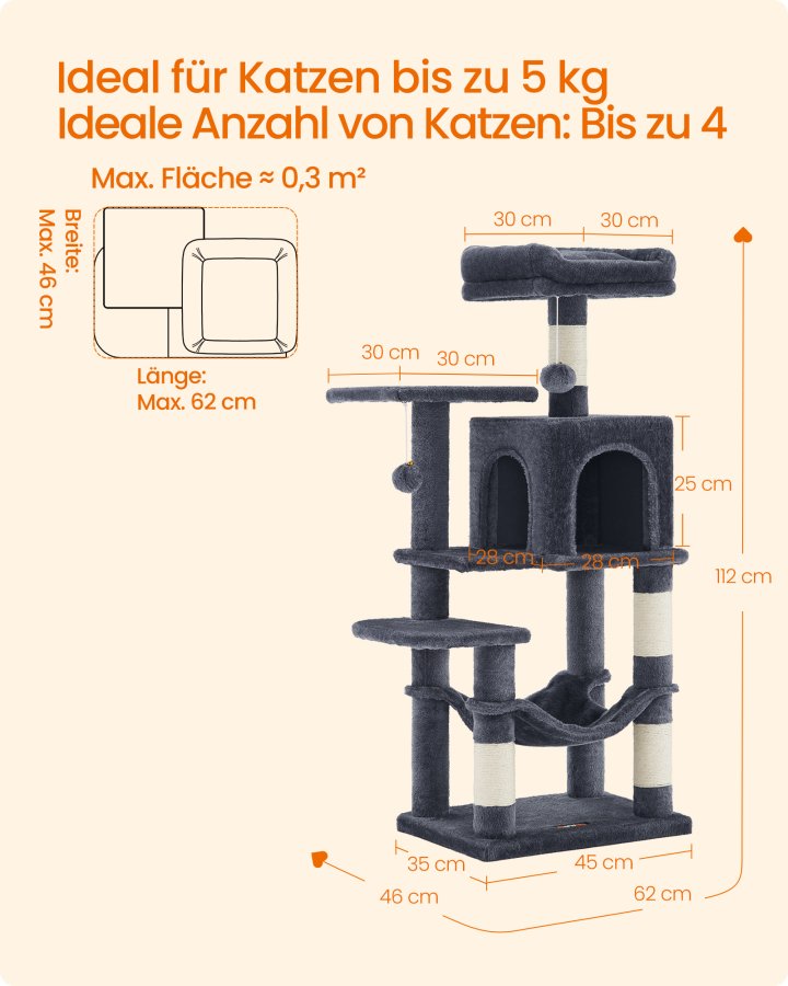 FEANDREA 112 cm kradsetr�, kradsetr� til katte med 4 kradsetr�er, 2 siddepinde, 1 hule, 1 h�ngek�je, 2 pomponer, flerlags plys, r�get gr� PCT261G01V1