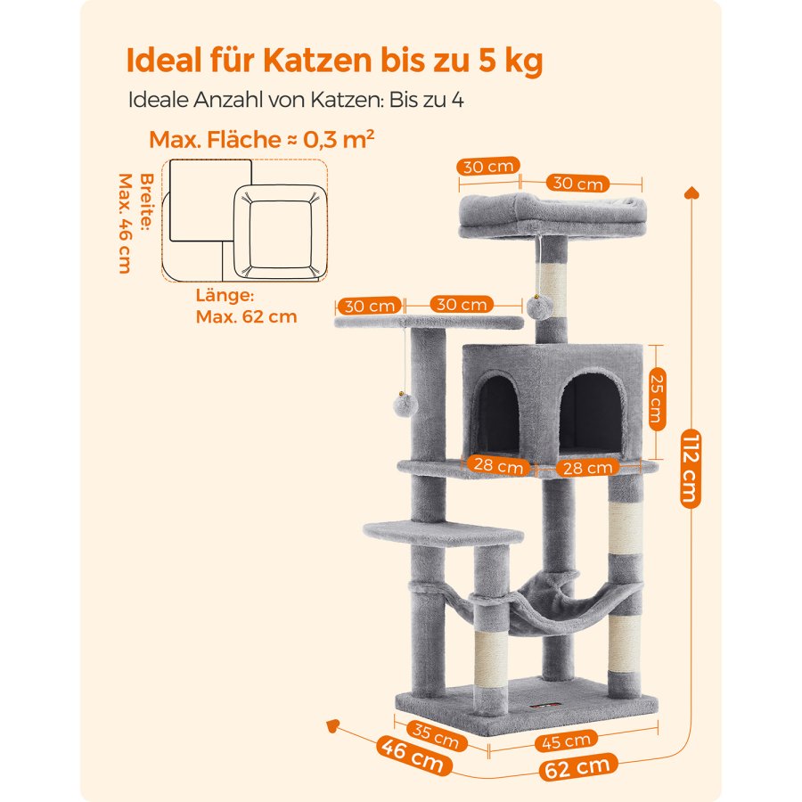 FEANDREA PCT261W01 kradsetr� til katte, m. platform, hule, h�ngek�je - lysegr� plys/sisal (H:112)