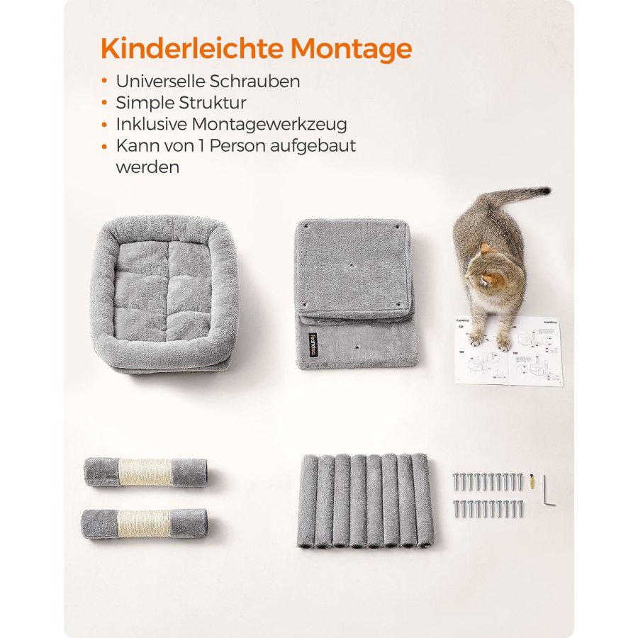 FEANDREA Kradsetr�, 74 cm kattet�rn, M, kattehytte til mellemstore katte op til 5 kg, stor kattesiddeplads, 2 kattehuler, kradsetr�, lysegr� PCT612W01