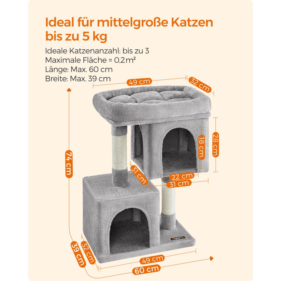 FEANDREA Kradsetr�, 74 cm kattet�rn, M, kattehytte til mellemstore katte op til 5 kg, stor kattesiddeplads, 2 kattehuler, kradsetr�, lysegr� PCT612W01