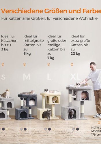 FEANDREA Kradsetr�, 74 cm kattet�rn, M, kattehytte til mellemstore katte op til 5 kg, stor kattesiddeplads, 2 kattehuler, kradsetr�, lysegr� PCT612W01