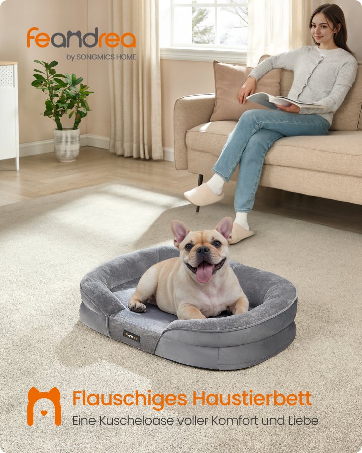 FEANDREA PGW281G01 Hundeseng til mellemstore hunde, 76 x 51 x 18 cm, ortop�disk, vandt�t inderlag, h�vede kanter, aftageligt, vaskbart betr�k, skridsikker, lysegr�