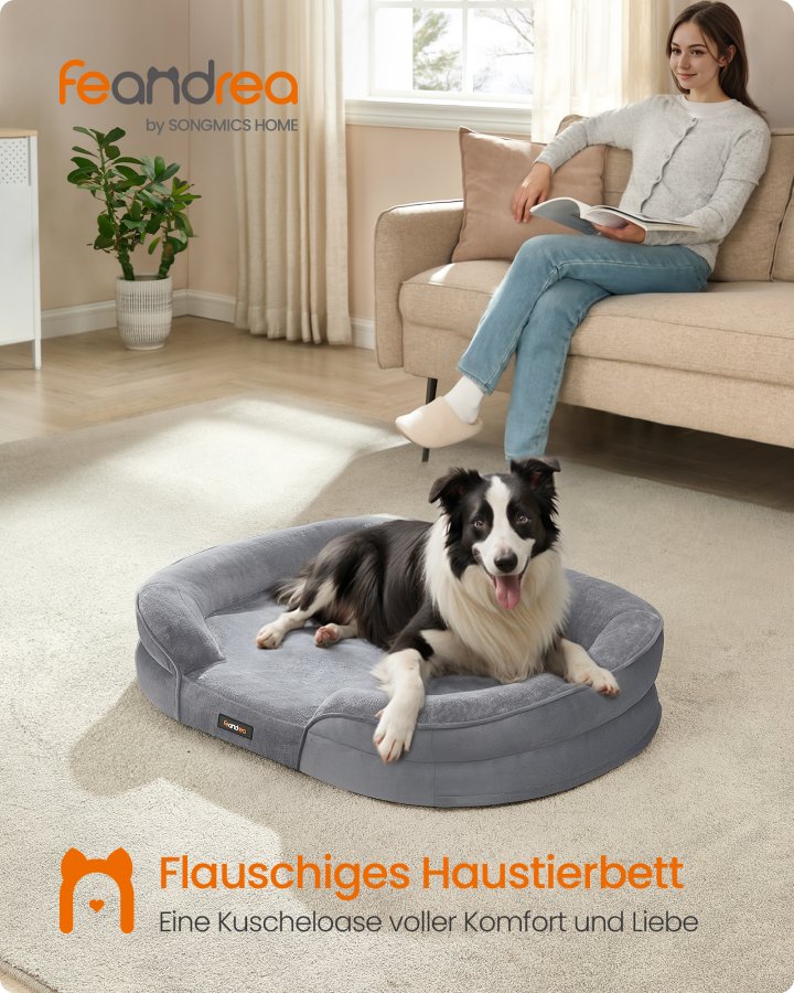 FEANDREA Hundeseng, Stor Ortop�disk Hundesofa, 91 x 68 x 18 cm, �ggeburskum, Vandt�t For, H�vede Kanter, Aftageligt og Maskinvaskbart Betr�k, Skridsikker, Lysegr� PGW282G01