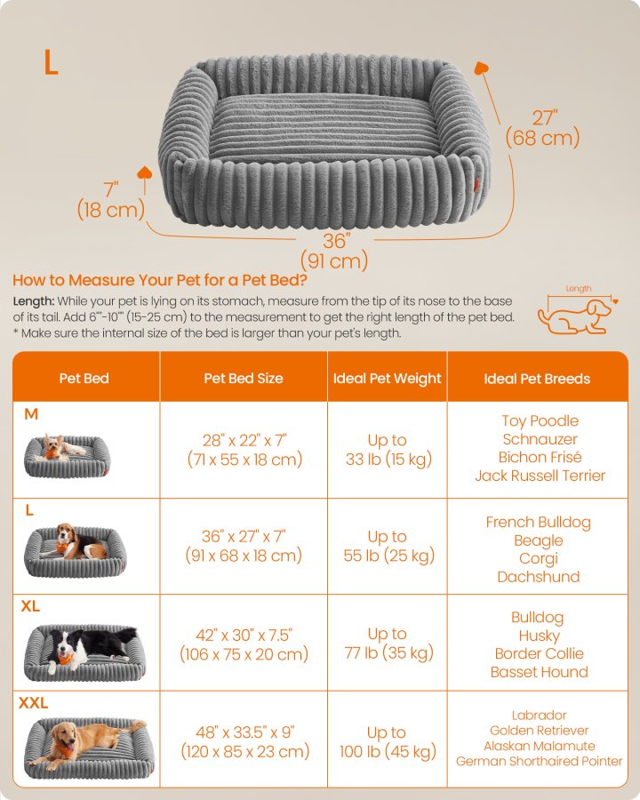 FEANDREA Hundeseng, Stor Hundesofa, Bl�d Polstring, Vaskbar, 91 x 68 x 18 cm, Duegr� PGW312GD01
