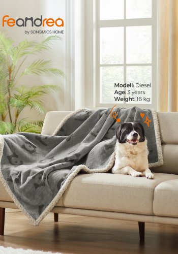 FEANDREA Vanntett hundeteppe, Sherpa Fleece Kj�ledyrteppe for Sm� og Mellomstore Hunder, Katter, 127 x 101 cm, L, Maskinvaskbart, Vendbart Hundesofatrekk, Gr� PPB050G01