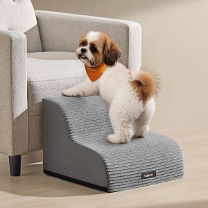 FEANDREA 2-trins hundetrappe, hundetrappe til seng, sofa, vandt�t k�ledyrstrappe med skridsikkert design, blid h�ldning, aftageligt vaskbart betr�k, h�ndtag, duegr� PPS002G01