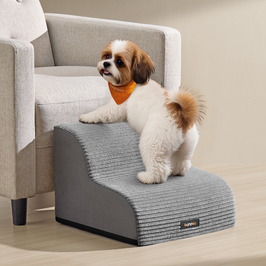 FEANDREA 2-trins hundetrappe, hundetrappe til seng, sofa, vandt�t k�ledyrstrappe med skridsikkert design, blid h�ldning, aftageligt vaskbart betr�k, h�ndtag, duegr� PPS002G01