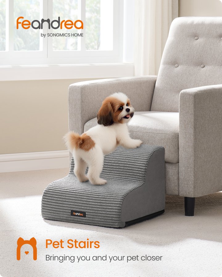 FEANDREA 2-trins hundetrappe, hundetrappe til seng, sofa, vandt�t k�ledyrstrappe med skridsikkert design, blid h�ldning, aftageligt vaskbart betr�k, h�ndtag, duegr� PPS002G01