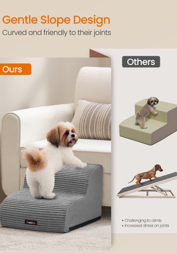 FEANDREA 2-trins hundetrappe, hundetrappe til seng, sofa, vandt�t k�ledyrstrappe med skridsikkert design, blid h�ldning, aftageligt vaskbart betr�k, h�ndtag, duegr� PPS002G01