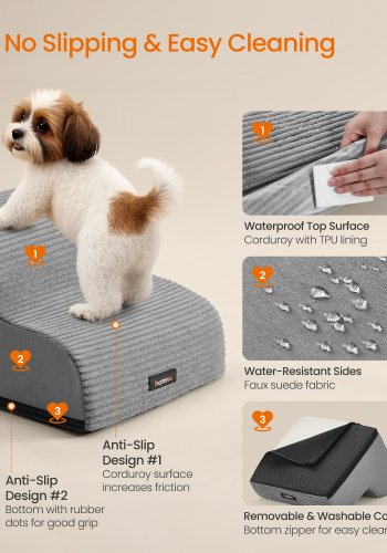 FEANDREA 2-trins hundetrappe, hundetrappe til seng, sofa, vandt�t k�ledyrstrappe med skridsikkert design, blid h�ldning, aftageligt vaskbart betr�k, h�ndtag, duegr� PPS002G01