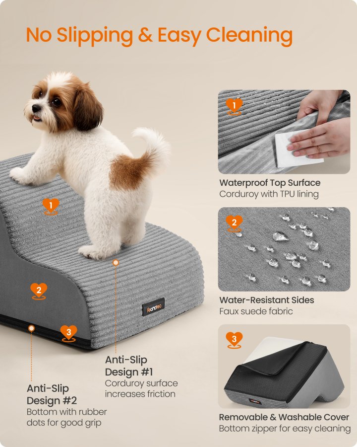 FEANDREA 2-trins hundetrappe, hundetrappe til seng, sofa, vandt�t k�ledyrstrappe med skridsikkert design, blid h�ldning, aftageligt vaskbart betr�k, h�ndtag, duegr� PPS002G01