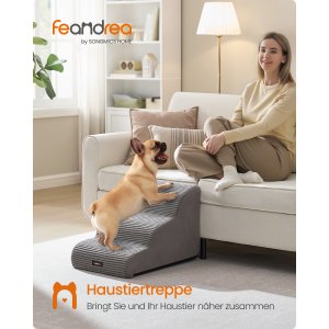 FEANDREA 3-trins hundetrappe, hundetrappe til seng, sofa, vandt�t k�ledyrstrappe med skridsikkert design, blid h�ldning, aftageligt vaskbart betr�k, h�ndtag, duegr� PPS003G01