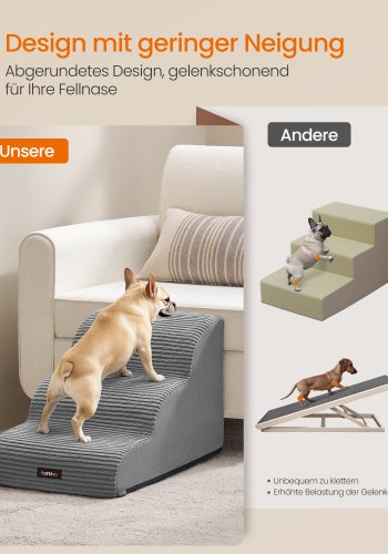 FEANDREA 3-trins hundetrappe, hundetrappe til seng, sofa, vandt�t k�ledyrstrappe med skridsikkert design, blid h�ldning, aftageligt vaskbart betr�k, h�ndtag, duegr� PPS003G01