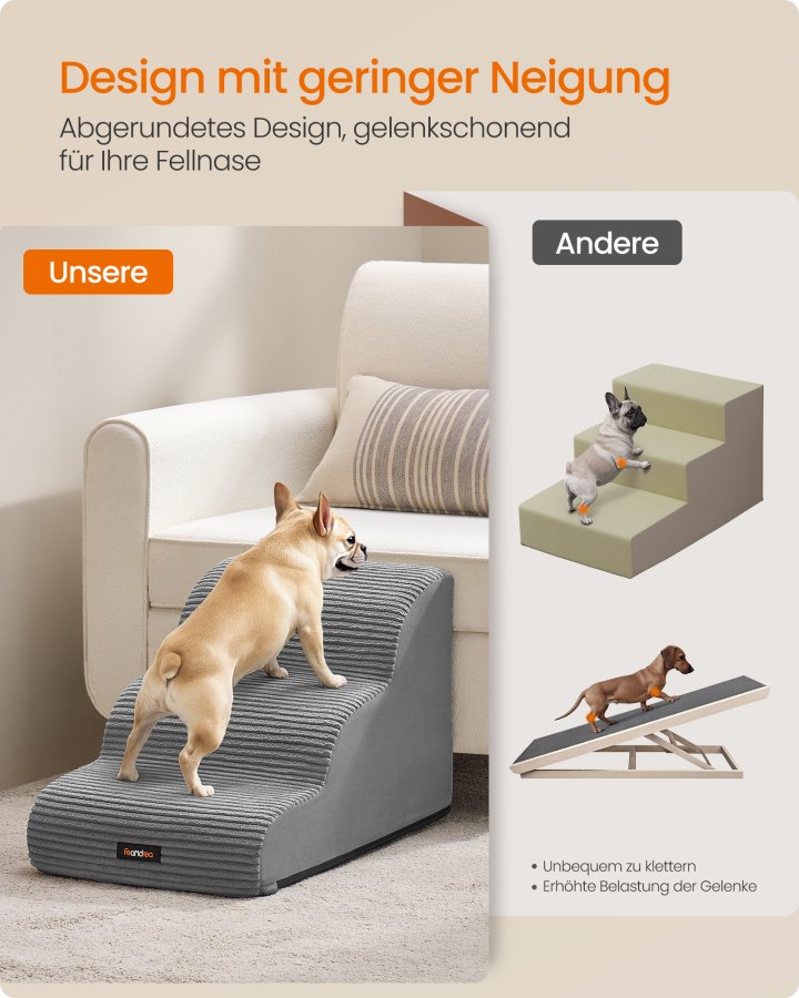 FEANDREA 3-trins hundetrappe, hundetrappe til seng, sofa, vandt�t k�ledyrstrappe med skridsikkert design, blid h�ldning, aftageligt vaskbart betr�k, h�ndtag, duegr� PPS003G01