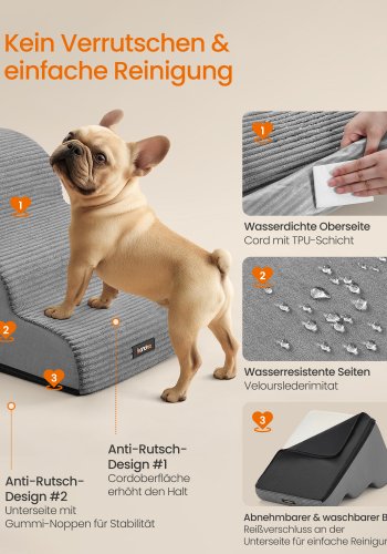 FEANDREA 3-trins hundetrappe, hundetrappe til seng, sofa, vandt�t k�ledyrstrappe med skridsikkert design, blid h�ldning, aftageligt vaskbart betr�k, h�ndtag, duegr� PPS003G01