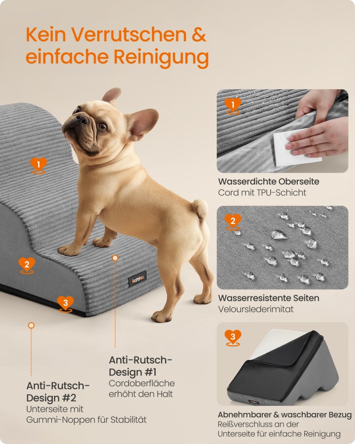 FEANDREA 3-trins hundetrappe, hundetrappe til seng, sofa, vandt�t k�ledyrstrappe med skridsikkert design, blid h�ldning, aftageligt vaskbart betr�k, h�ndtag, duegr� PPS003G01