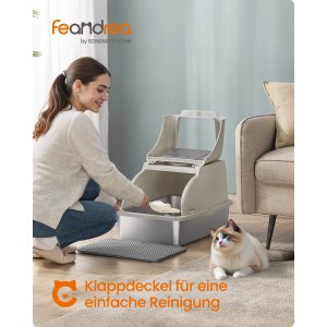 FEANDREA kattebakke i rustfrit st�l med vippel�g, XL lukket kattebakke med l�kagesikkert design, skovl, b�rste, dobbelt indgang, til katte op til 15 kg, Cappuccino Beige PPT005K01