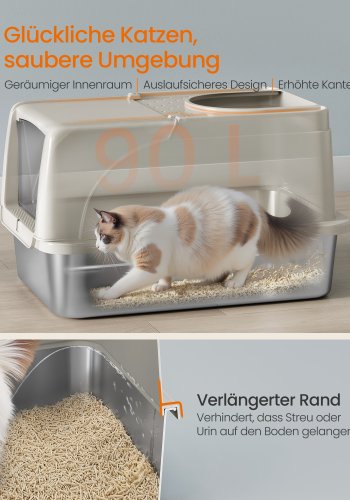 FEANDREA kattebakke i rustfrit st�l med vippel�g, XL lukket kattebakke med l�kagesikkert design, skovl, b�rste, dobbelt indgang, til katte op til 15 kg, Cappuccino Beige PPT005K01