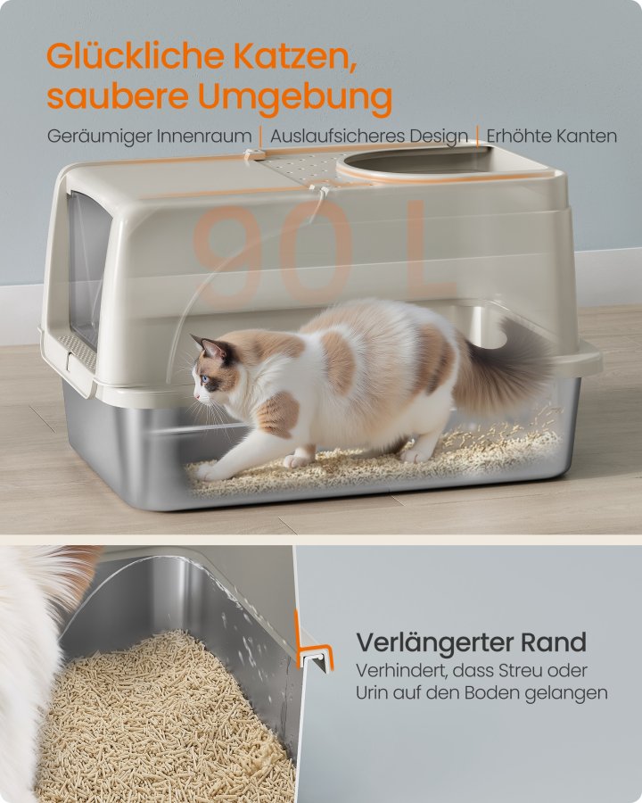 FEANDREA kattebakke i rustfrit st�l med vippel�g, XL lukket kattebakke med l�kagesikkert design, skovl, b�rste, dobbelt indgang, til katte op til 15 kg, Cappuccino Beige PPT005K01
