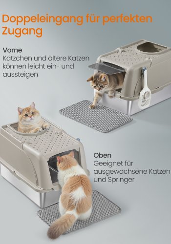 FEANDREA kattebakke i rustfrit st�l med vippel�g, XL lukket kattebakke med l�kagesikkert design, skovl, b�rste, dobbelt indgang, til katte op til 15 kg, Cappuccino Beige PPT005K01