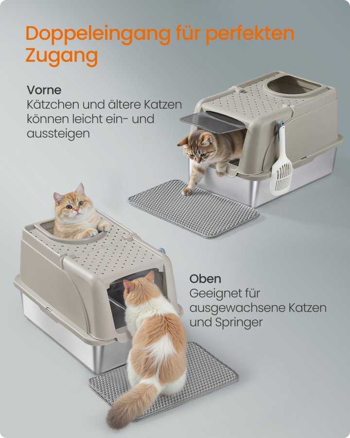 FEANDREA kattebakke i rustfrit st�l med vippel�g, XL lukket kattebakke med l�kagesikkert design, skovl, b�rste, dobbelt indgang, til katte op til 15 kg, Cappuccino Beige PPT005K01