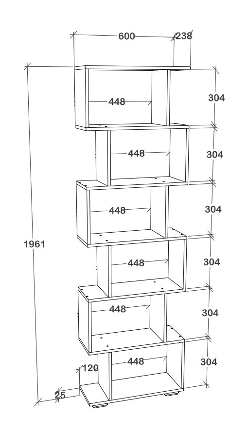 VCM NORDIC Palusa L reol, m. 6 rom - naturlig tre (H: 196,1 cm x 60 cm x 23,8 cm)