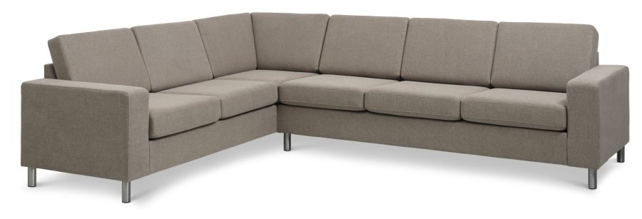 Pannesett 7 hjrnesofa - antilope beige polyesterstoff og brstet aluminium