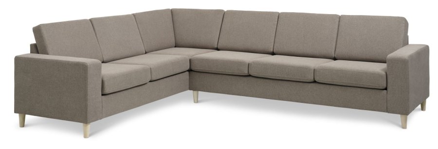 Pannesett 7 hjrnesofa - antilope beige polyesterstoff og naturlig tre