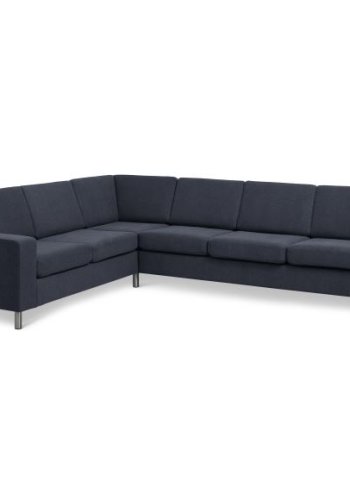 Pannesett 7 hjrnesofa - bl polyesterstoff og brstet aluminium