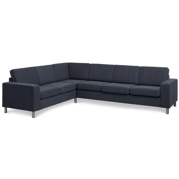 Pannesett 7 hjrnesofa - bl polyesterstoff og brstet aluminium