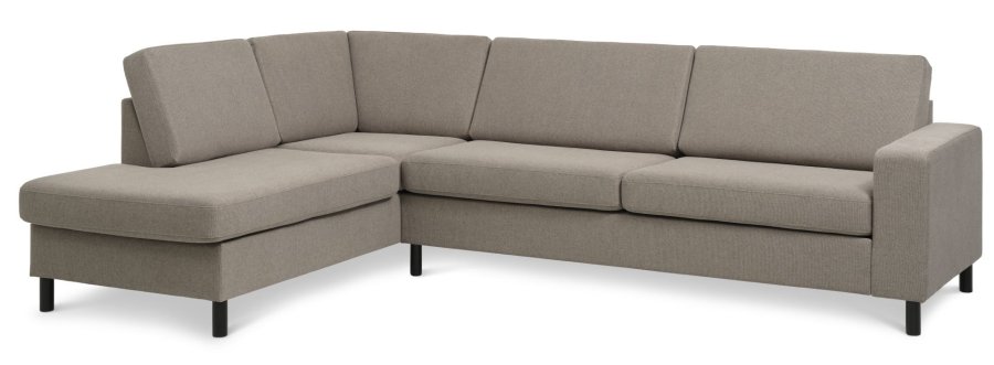 Pannesett 2 OE venstre sofa med sjeselong - antilope beige polyesterstoff og sort tre
