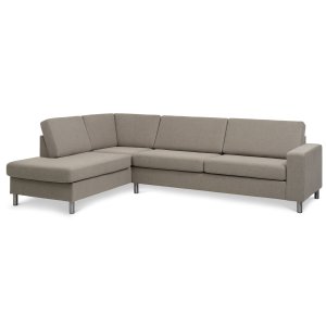 Pan set 2 OE vänster soffa med schäslong - antilop beige polyestertyg och borstad aluminium