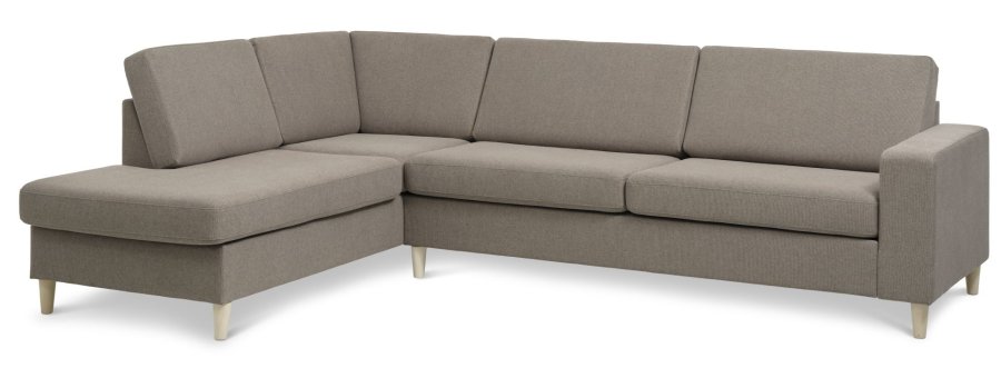 Pannesett 2 OE venstre sofa med sjeselong - antilope beige polyesterstoff og naturlig tre