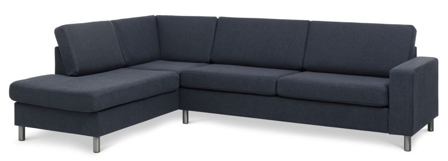 Pannesett 2 OE venstre sofa med sjeselong - bltt polyesterstoff og brstet aluminium