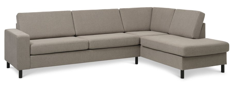 Pannesett 3 OE hyre sofa med sjeselong - antilope beige polyesterstoff og sort tre