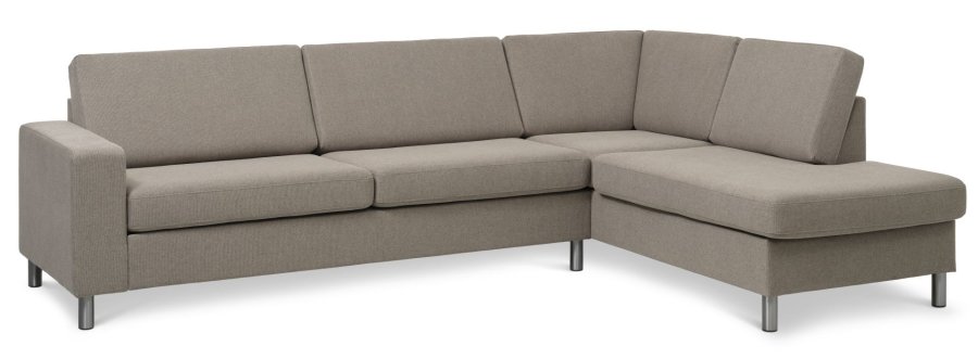 Pannesett 3 OE hyre sofa med sjeselong - antilope beige polyesterstoff og brstet aluminium