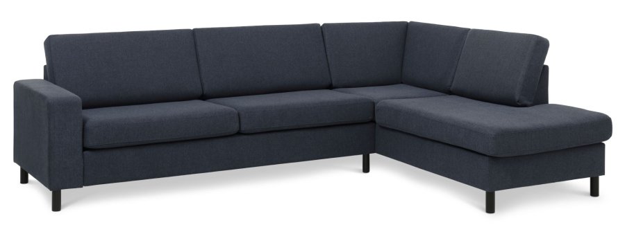 Pannesett 3 OE hyre sofa med sjeselong - bltt polyesterstoff og sort tre