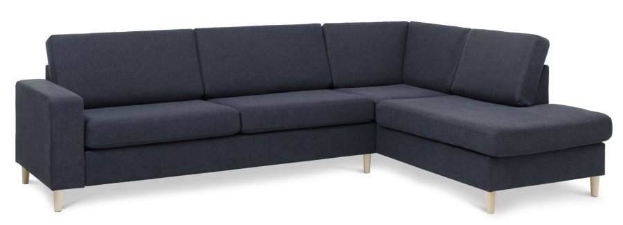 Pannesett 3 OE hyre sofa med sjeselong - bltt polyesterstoff og naturlig tre