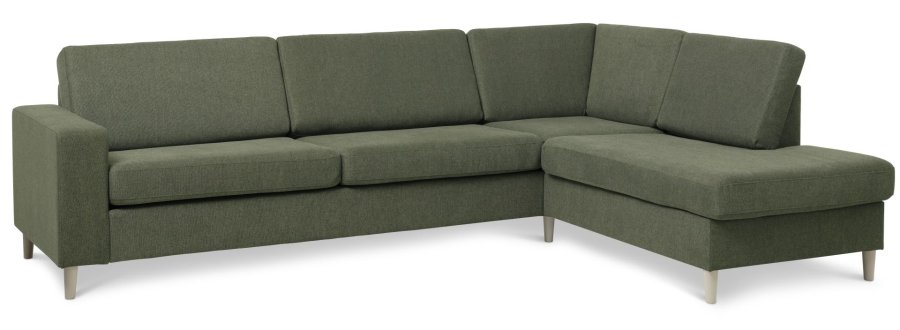 Pannesett 3 OE hyre sofa med sjeselong - vinter mosegrnt polyesterstoff og naturlig tre