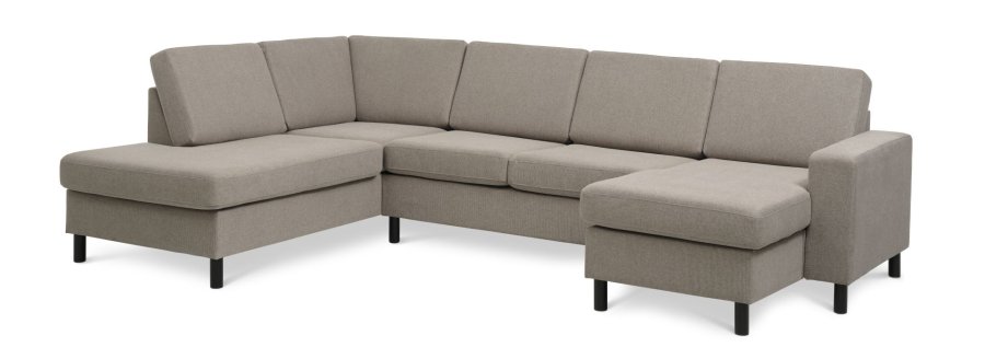 Pannesett 4 U OE venstre sofa med sjeselong - antilope beige polyesterstoff og sort tre