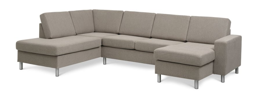 Pannesett 4 U OE venstre sofa med sjeselong - antilope beige polyesterstoff og brstet aluminium