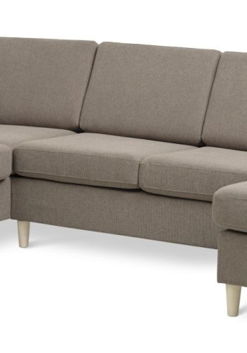 Pannesett 4 U OE venstre sofa med sjeselong - antilope beige polyesterstoff og naturlig tre