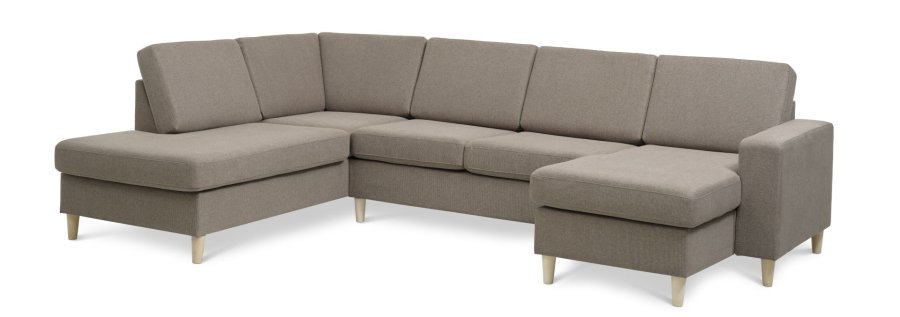 Pannesett 4 U OE venstre sofa med sjeselong - antilope beige polyesterstoff og naturlig tre