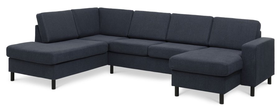 Pannesett 4 U OE venstre sofa med sjeselong - bltt polyesterstoff og sort tre