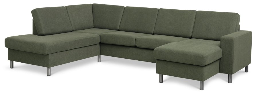Pannesett 4 U OE venstre sofa med sjeselong - vinter mosegrnt polyesterstoff og brstet aluminium