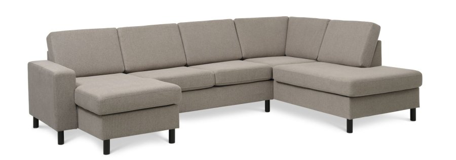 Pannesett 5 U OE hyre sofa med sjeselong - antilope beige polyesterstoff og sort tre