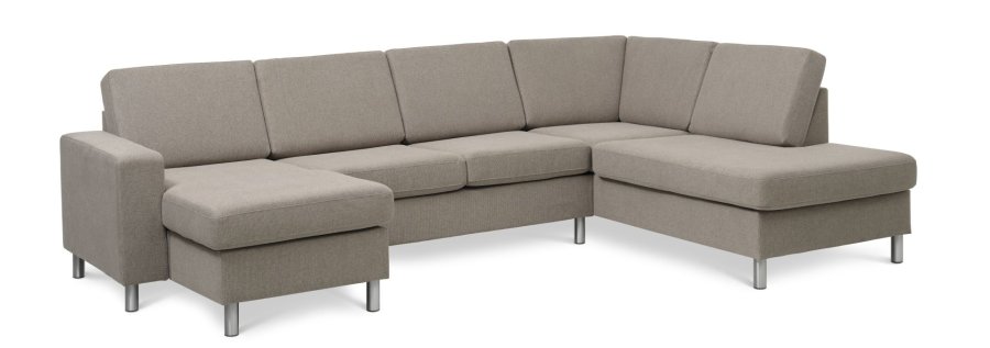 Pannesett 5 U OE hyre sofa med sjeselong - antilope beige polyesterstoff og brstet aluminium