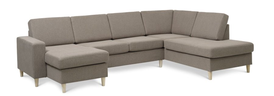 Pannesett 5 U OE hyre sofa med sjeselong - antilope beige polyesterstoff og naturlig tre