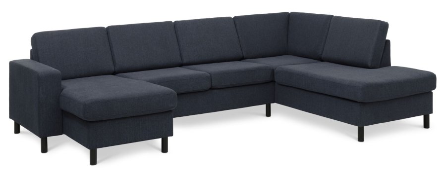 Pan Set 5 U OE Sofa rechts mit Chaiselongue - blauer Polyesterstoff und schwarzes Holz