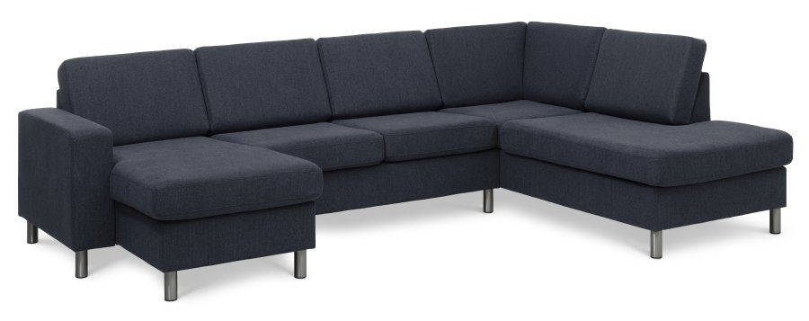 Pannesett 5 U OE hyre sofa med sjeselong - bltt polyesterstoff og brstet aluminium